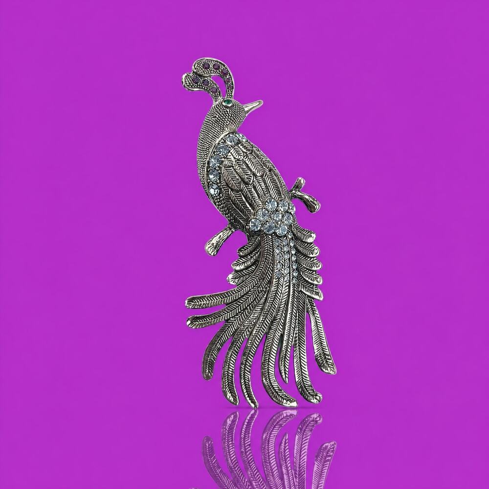 Vintage Regal Peacock Brooch – Large Gold Tone Statement Pin Rhinestone Accents